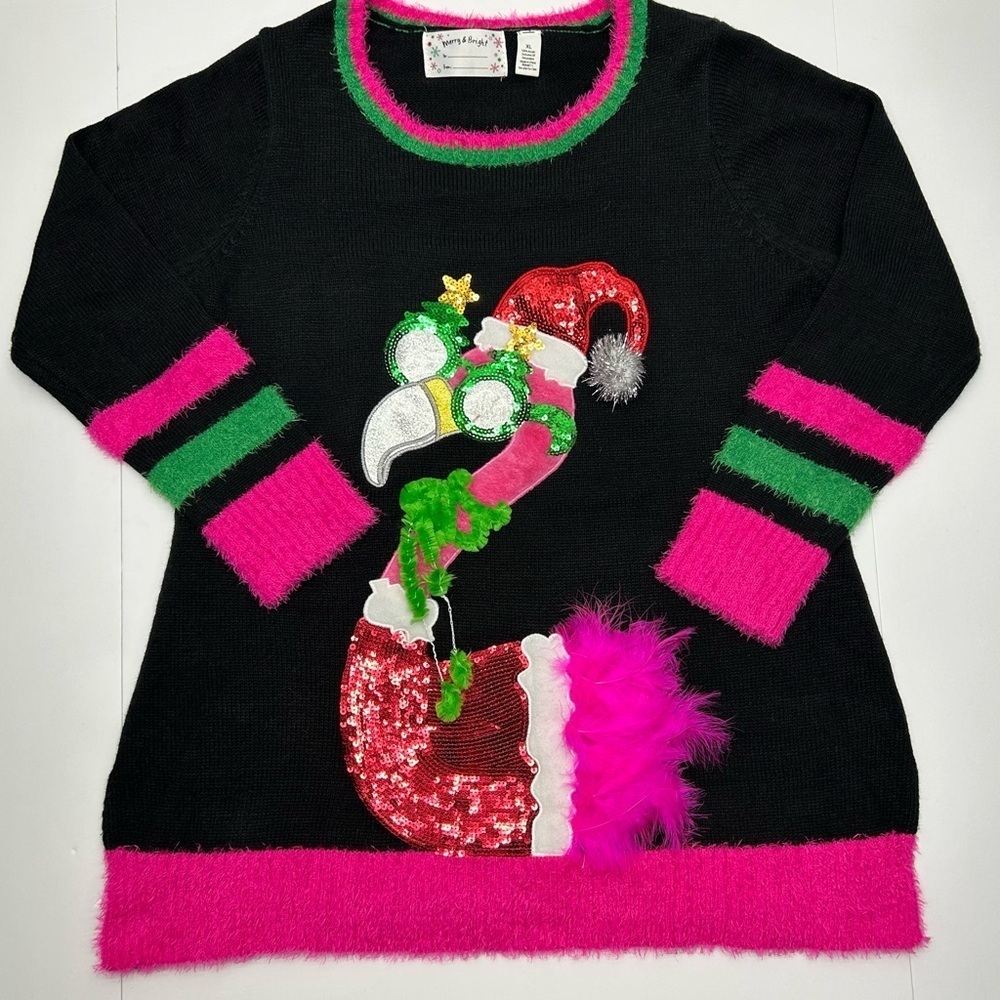 Christmas Sweater Women’s XL Pink Black Flamingo Sequins Feathers